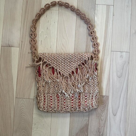 Vintage Macramé Purse – Fringe Detail & Red Satin Lining - Picture 2 of 7